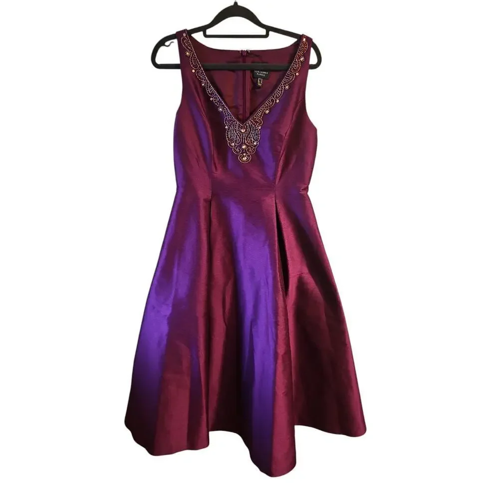 Adrianna Papell purple embellished cocktail holiday midi dress sz 8 - Picture 4 of 7